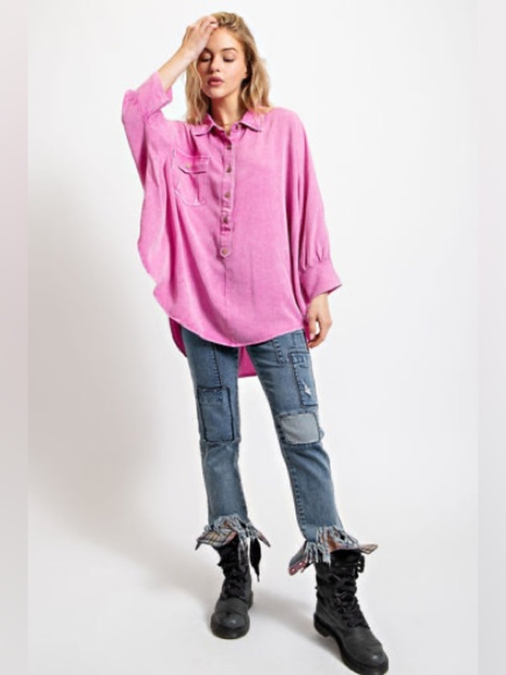 Easel Pink Washed Oversized Blouse Size L